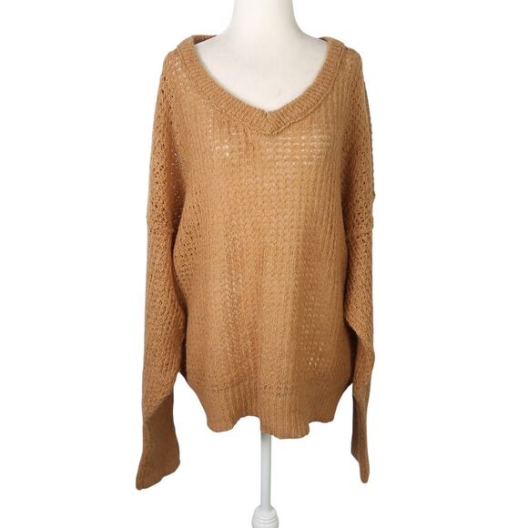 Free People Birchwood camel brown wool blend open knit sweater L - Picture 2 of 8
